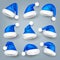 Various Santa Claus hats with fur. New Year blue hat, realistic winter cap. Christmas greeting card design element