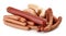 Various sausages on white background