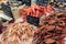 Various seafood at fish market in Le Treport, France. Crabs and langoustes.