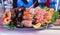 Various seafood on the shelves of the fish market in Bergen in N