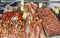 Various seafood on the shelves of the fish market in Bergen in N