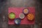 Various seeds in a bowl on a dark rustic background: sesame, flax, almonds, pumpkin, chia. Food sources of oil rich in vitamin E.