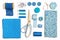 Various sewing accessories and tools blue shades