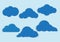 Various shapes of clouds on different levels of blue background