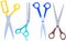 Various shapes scissors set. Tool made of blades and plastic handles. Equipment for creativity