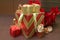 Various size of gift boxes stack with dry pine cones and artificial Poinsettia flowers for Christmas decorations