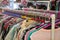 Various sizes of ladies clothes displayed on hangers in charity thrift shop