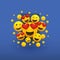 Various Smiling Happy Yellow Emoticons with Heart Shaped Eyes in Front of a Smartphone Screen, Vector Design
