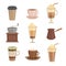 Various sorts of coffee. Cups in cartoon style
