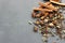 Various Spices background. Cinnamon sticks and anise stars close-up on wood background