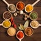 Various spices in bowls and mixing spoons - Top view