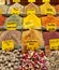 Various spices on a counter on the Egyptian Bazaar in Istanbul, Turkey