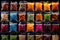 Various spices hang in rows in bags. Selective focus