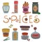 Various spices and herbs set, cinnamon, basil, curry, pepper, salt, rosemary, thyme and vinegar cartoon vector