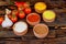 Various spices and herbs on wooden table. Top view with space for your text