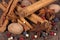 Various spices (nutmeg, cinnamon, star anise,cardamom, juniper)