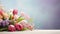 various spring flowers on table with copy space