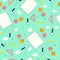 Various stationery items on turquoise background, vector seamless pattern. Office supplies backdrop. Wallpaper design