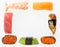 Various sushi set as a frame isolated on white background. Japanese cuisine. Ikura, salmon, tuna, avocado, caviar, shrimp sushi se