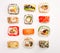 Various sushi on white background, top view