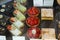 Various sweets and cakes in shop window. Bakery shop in london