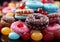 Various sweets and candies with chocolate and gummies with donuts.Macro.AI Generative