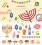 Various symbols and items of hanukkah celebration