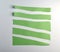 various torn pieces of green strips of paper on a white background