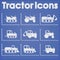 Various Tractor and Construction Machinery Icon set blueprint stylized