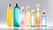 various transparent bottles for liquid soap or shampoo with liquid soap bubbles, white background, minimalistic studio design,