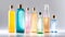 various transparent bottles for liquid soap or shampoo with liquid soap bubbles, white background, minimalistic studio design,