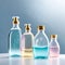 various transparent bottles for liquid soap or shampoo with liquid soap bubbles, white background, minimalistic studio design,