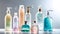 various transparent bottles for liquid soap or shampoo with liquid soap bubbles, white background, minimalistic studio design,