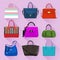 Various trendy women bags with colorful prints. Flat style.