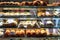 Various type of cakes in shop window in Italy