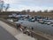 Various types of boats moored in the winter port along the Drava River in Osijek