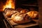 Various types of bread loaves basking in the warmth of a crackling fire, fresh bread in bakery oven, AI Generated