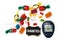 Various types of candy and lollipops with glucometer, diabetes c