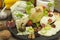 Various types of cheese on a cutting board, made from milk. Dairy products.