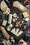 Various types of cheese with different spices, wine glasses and bread slices on the empty space background