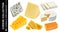 Various types of cheese isolated. Cheddar, parmesan, emmental, blu cheese, camembert, feta on white background