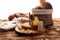 Various types of cheese on rustic wooden table. cheese platter