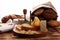 Various types of cheese on rustic wooden table. cheese platter