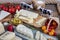 Various types of cheese,wooden old table. Great morning breakfast from Turkish cuisine. types of cheese in vegetables