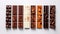 Various types of dark, milk chocolate with nuts, raisins in a row, white background. AI generated.