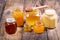 Various types of honey in glass jars