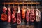 Various types of meat, smoked and cured, for sale. A wide range of meat products. On a dark background