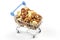 Various types of nuts in the grocery cart. Marketing sale of food products. Vitamin organic protein food