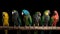 Various types of parrots are sitting in a row on a branch, black background, isolate. AI generated.