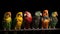 Various types of parrots are sitting in a row on a branch, black background, isolate. AI generated.